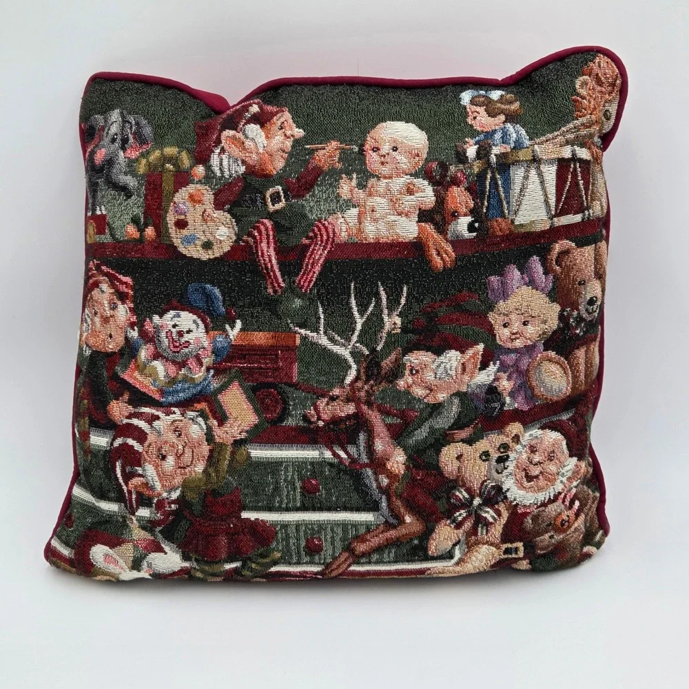 Whimsical Santa Workshop Christmas Tapestry Throw Pillow Elf Elves Reindeer Toys